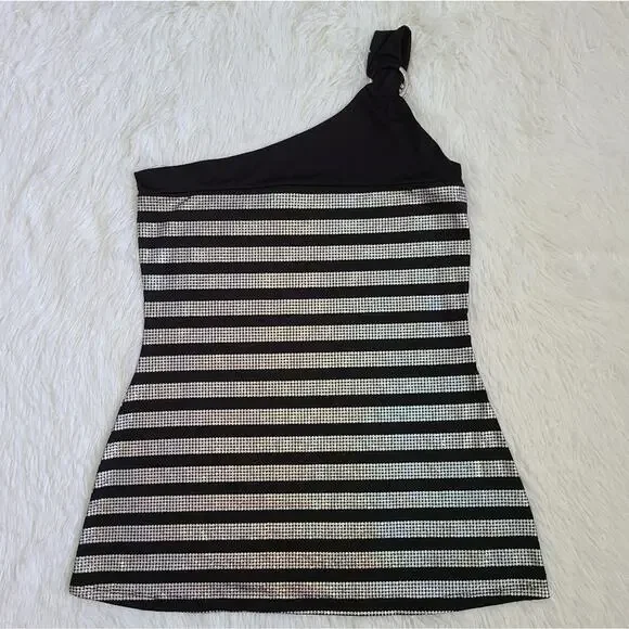 Egen Y2K Black And Silver One Shoulder Blouse SZ M - Picture 5 of 8